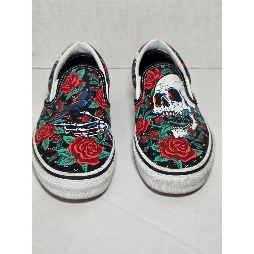 Vans Slip On Shoes Womens 7 Black Rose Skull Raven Floral Sneakers